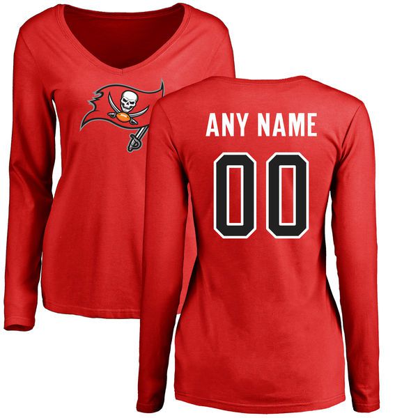 Women Tampa Bay Buccaneers Red Any Name and Number Logo Slim Fit Long Sleeve Custom NFL T-Shirt->nfl t-shirts->Sports Accessory